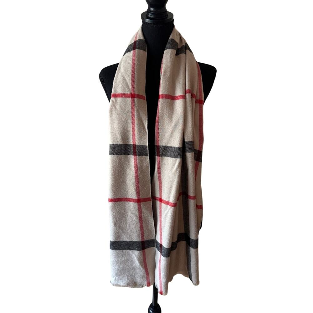 Cream White Red Plaid Scarf